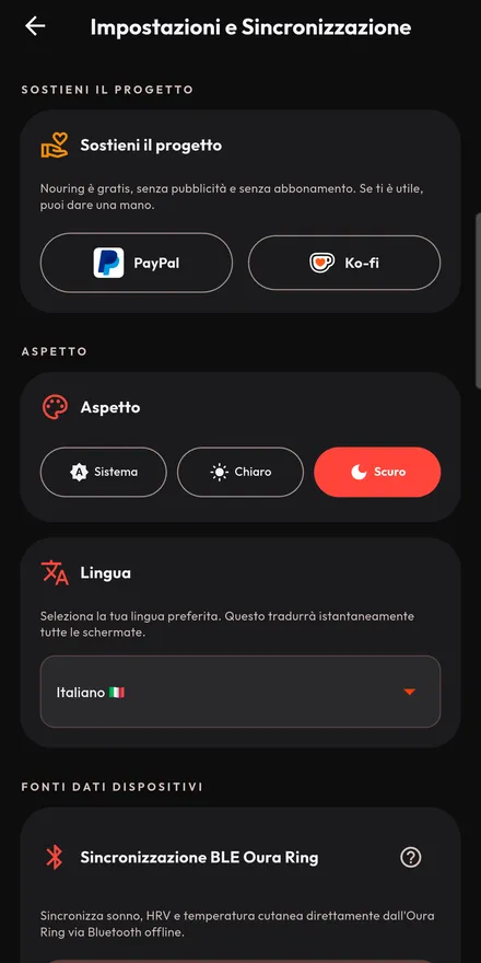 Impostazioni: lingua, tema, intervallo di sincronizzazione, esportazioni e backup della chiave.