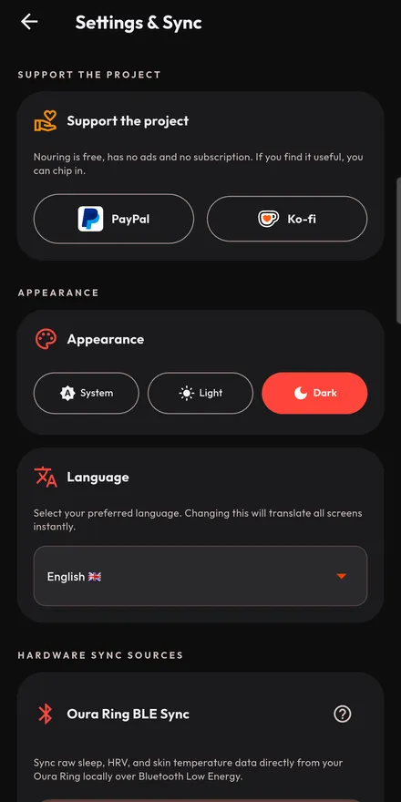 Settings: language, theme, sync interval, exports and the ring key backup.
