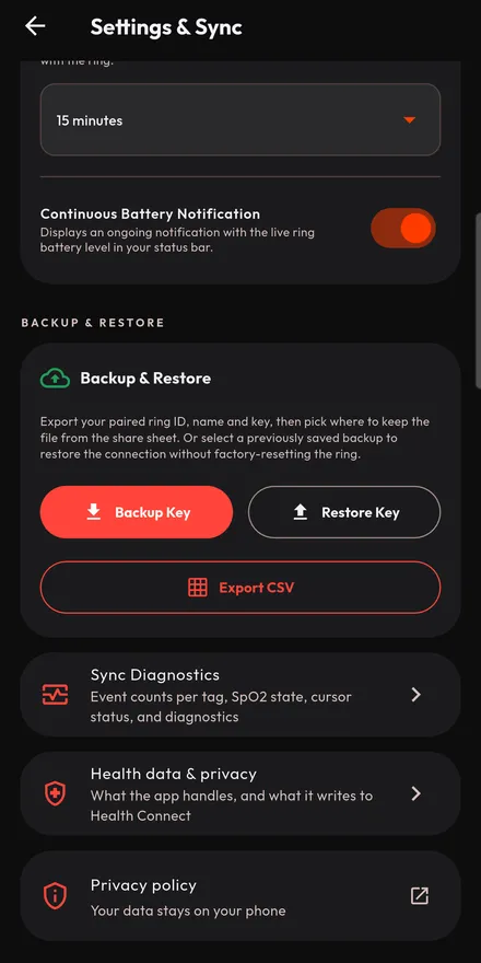 The privacy policy, reachable from inside the app, as Health Connect requires.