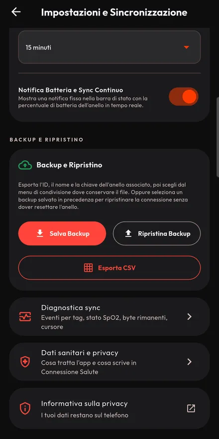 L’informativa sulla privacy raggiungibile dall’app, come richiede Connessione Salute.